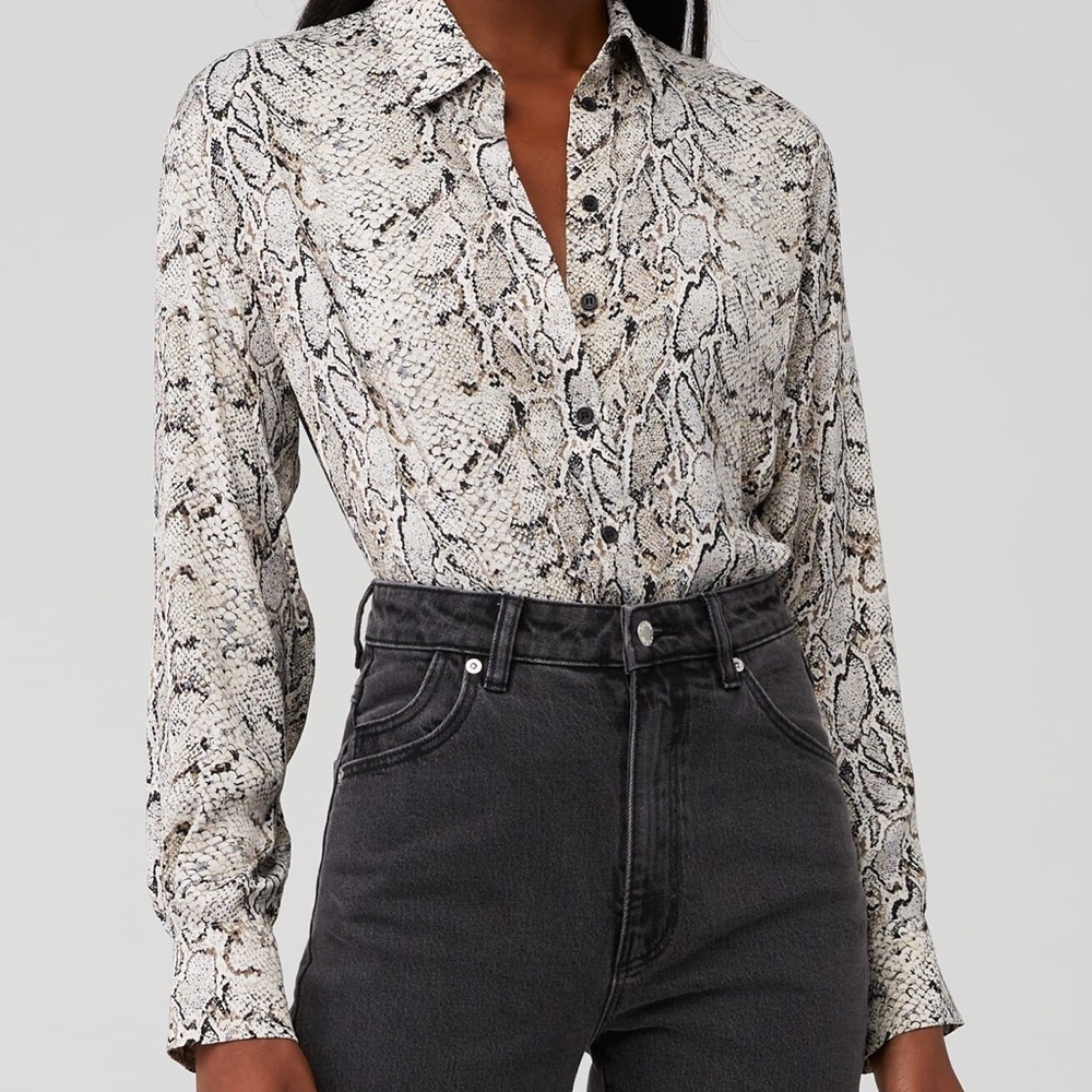 Bardot Snakeskin Print Button Up Blouse Neutral Gray Sz M Office Wear Chic